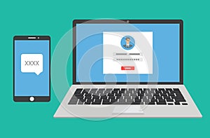 Two steps authentication concept. Verification by smartphone. Vector illustration