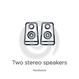 Two stereo speakers icon. Thin linear two stereo speakers outline icon isolated on white background from hardware collection. Line