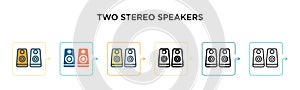 Two stereo speakers vector icon in 6 different modern styles. Black, two colored two stereo speakers icons designed in filled,