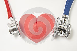 Two stethoscope blue and red are examined listening or auscultation heart shape left and right side on white background. Detai