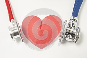 Two stethoscope blue and red are examined listening or auscultation heart shape left and right side on white background. Detai photo