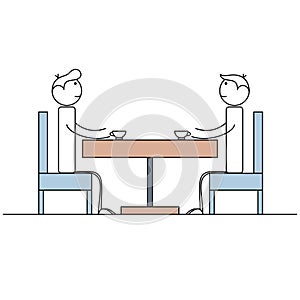 Two stick figure people having a conversation at coffee table