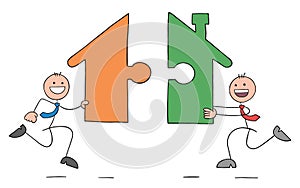 Two stickmen businessmen are carrying house puzzle pieces towards each other, hand drawn outline cartoon vector illustration