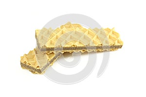 Two sticks of chocolate and hazelnut filled wafers isolated on white background
