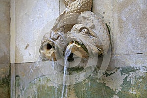 Two stone fish fountain on the wall in Lisbon