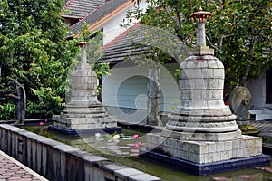 Two stone stupas in a pool with lotuses