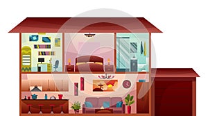 Two-storey cottage house cross section interior. Modern cottage with living room and kitchen on first floor, bathroom