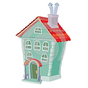 Two storey house with an attic and with pipes, cartoon illustration, isolated object on white background, vector