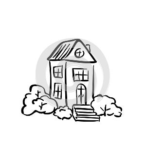 Two storey house with stairs and bushes simple doodle, Vector
