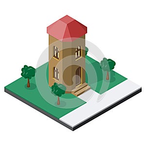 Two-storeyed tower with trees in isometric view