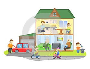 Two-storie house model cross section with people in it. Rooms with furniture, detailed interior. Flat vector photo