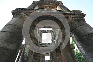 A two-storied temple with round columns in Preah Khan, Siem Reap, Cambodia