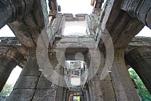 A two-storied temple with round columns in Preah Khan, Siem Reap, Cambodia