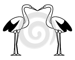 Two storks birds kissing cartoon in black and white