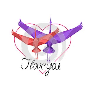 Two storks love symbol with lettering I love you, vector EPS10