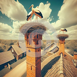 Two storks sit on a nest atop an old brick chimney