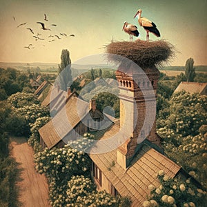 Two storks sit on a nest atop an old brick chimney