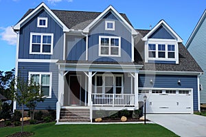 Two-story, blue, suburban home in a neighborhood in North Carolina