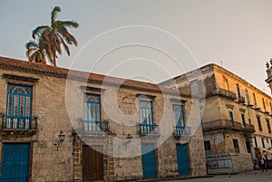 The two-story building about Cathedral of St. Christopher in Old Havana on the square of Cienaga in the evening. Cuba photo