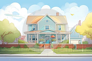 a two-story colonial revival home with a gambrel roof captured from the sidewalk, magazine style illustration