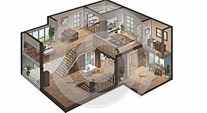 Two-story 3D floor plan design displaying a modern interior layout. The ground floor