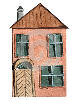 Two-story red house with a large door on a white background. watercolor illustration for design