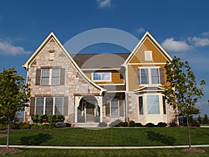 Two story stone, brick and board sided home. photo