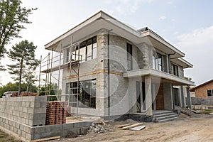 Two-story under construction villa with concrete blocks photo