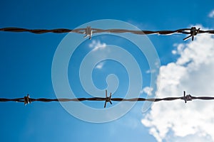 Two strands of barbed wire with blue sky and clouds in the background