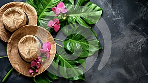 Two straw hats and pink flowers on a black background, AI