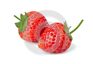 Two strawberries close up on white background, Strawberry isolated. Strawberries with leaf isolate. Side view strawberries set