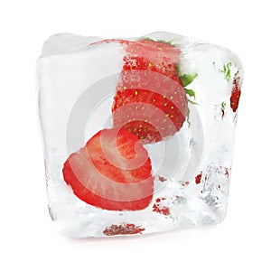 Two Strawberries frozen in ice cube, ice cube in front view, single ice cube isolated on white background. 3d rendering