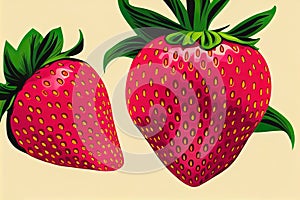 two strawberries with green leaves on a yellow background with a light pink background and a light yellow background