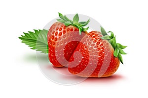 Two strawberries and leaf isolated on white background, illustration