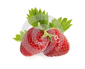 Two strawberries with leaves isolated on white background.