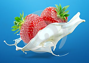 Two strawberries with milk splash isolated on blue backg