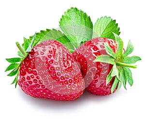 Two strawberries with strawberry leaves isolated on a white background