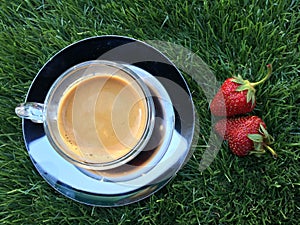 Two strawberrys on the grass with cup of coffee