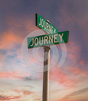 Two street signs indicating the intersection of Journey and Journey Streets