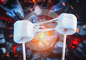 Two stretchy marshmallows roasting over fire flames. Marshmallow on skewers roasted on charcoals