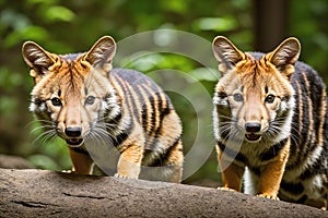 Two striped civets standing on a rock, looking at the camera.