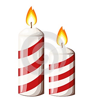 Two striped red burning Christmas candles illustration isolated on white background
