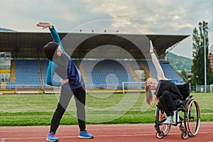 Two strong and inspiring women, one a Muslim wearing a burka and the other in a wheelchair stretching and preparing