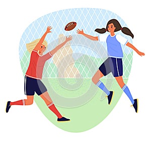 Two student girls play rugby in school sports ground. Flat cartoon vector stock illustration isolated on white