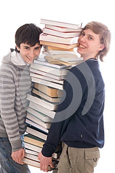 Two students with books isolated on a white