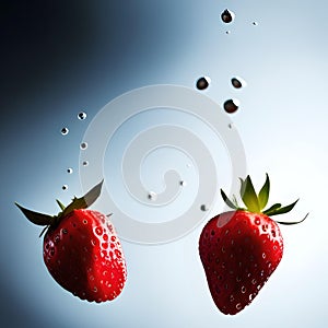 Two studio lit strawberries falling in the air with drops of water