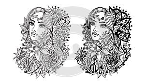 Two styles of fairy princess for coloring page,engraving,laser cut or printing on products. Vector illustratin