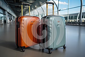 Two stylish colored suitcases are standing in an empty airport