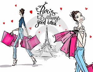 Two stylish girls make shopping in Paris Illustration sketsh