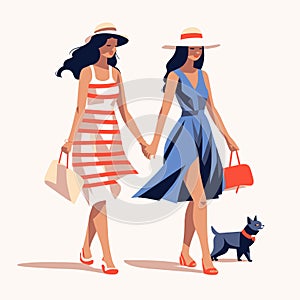 Two stylish women in summer dresses and hats walking with a small dog. Friends enjoy a leisurely stroll with a pet